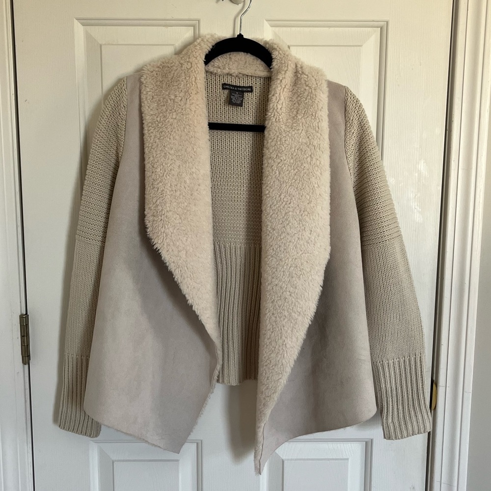 NWOT Cream Faux Fur Suede & Knit Cardigan